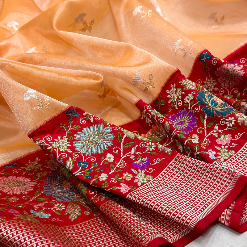 Peach colour pure tissue Handwoven Banarasi saree