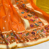 Orange colour pure kora jamdani handwoven banarasi saree