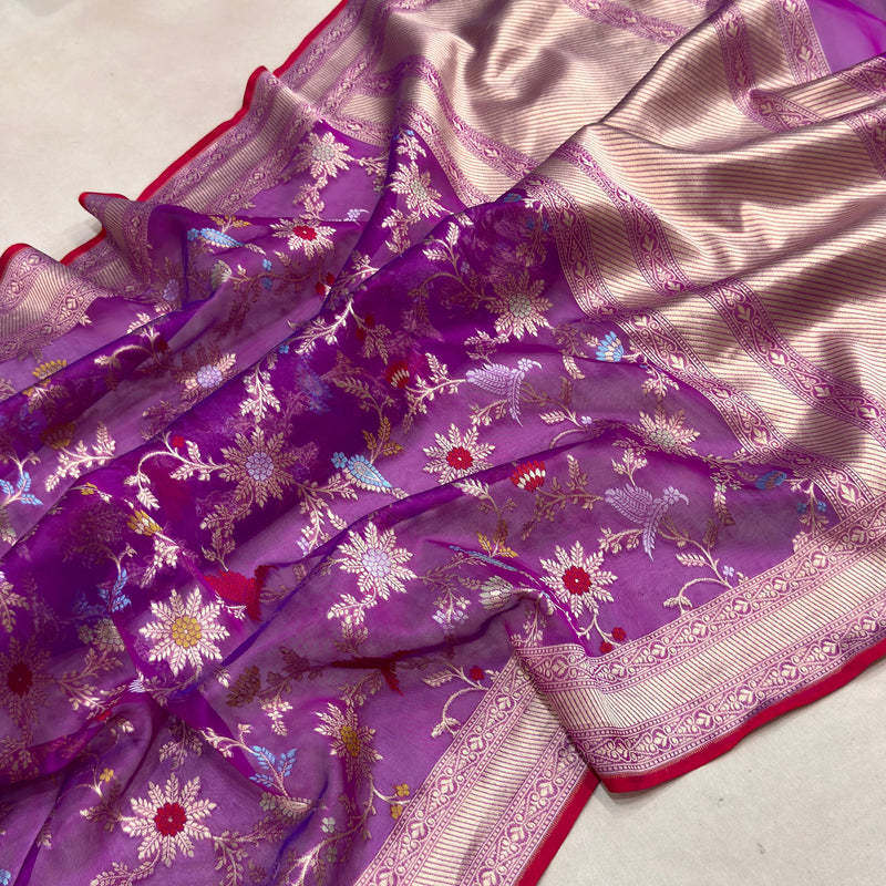 Purple colour pure Kora jamdani handwoven banarasi saree