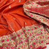 Orange colour pure katan silk Handwoven banarasi saree