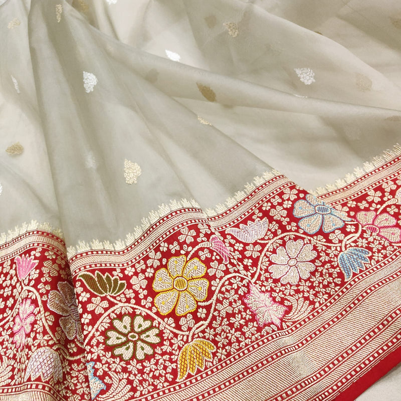 Grey colour Pure Kora Silk Handwoven Banarasi Saree