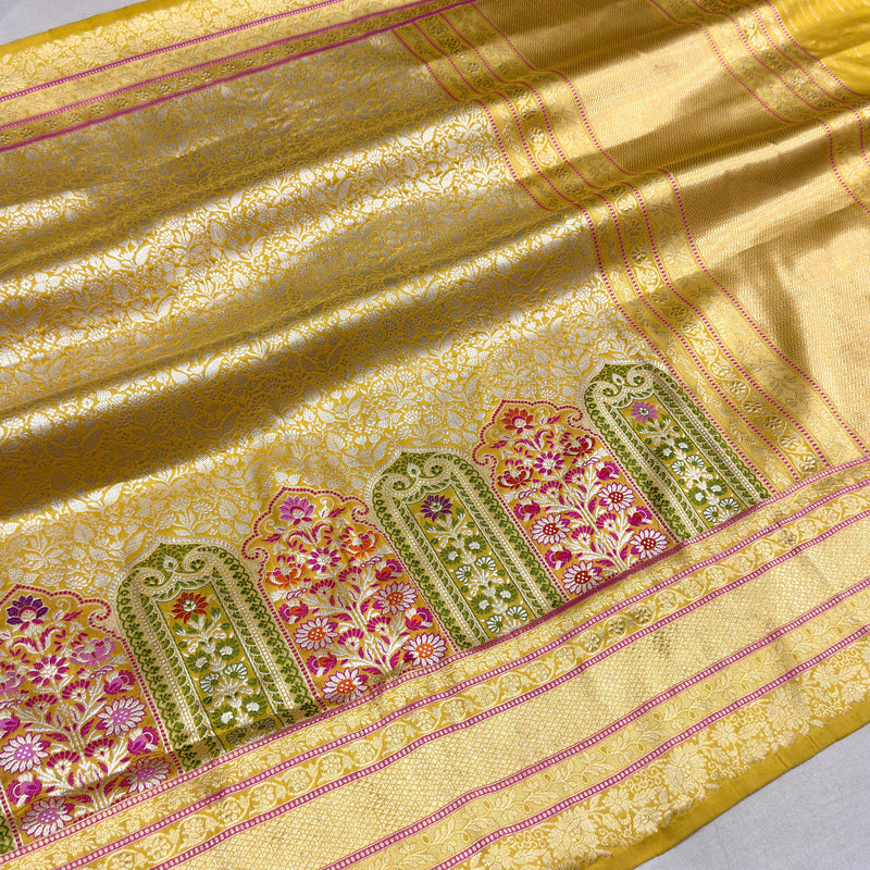 Yellow colour pure katan silk Handwoven banarasi Tanchoi saree