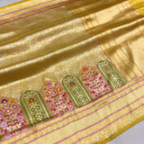 Yellow colour pure katan silk Handwoven banarasi Tanchoi saree