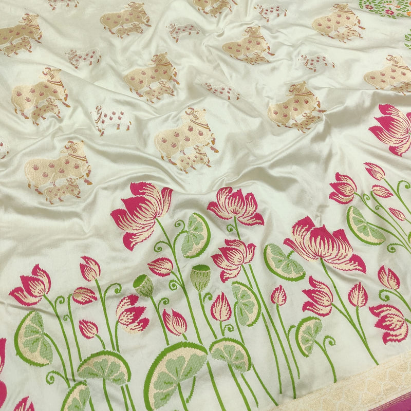 White colour pure katan silk Handwoven banarasi saree