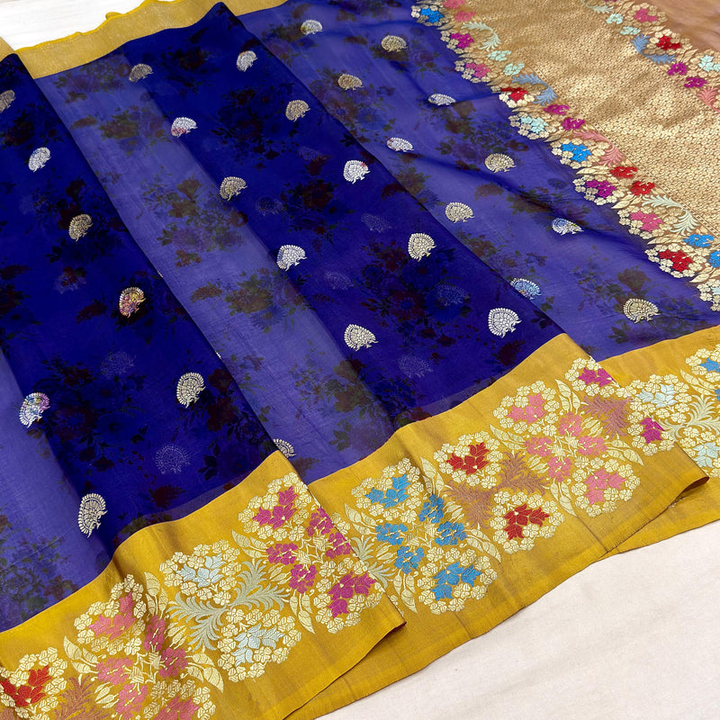 Multicolour Pure kora digital print handwoven banarasi saree