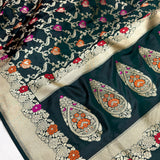 Dark green colour pure katan silk Handwoven banarasi saree