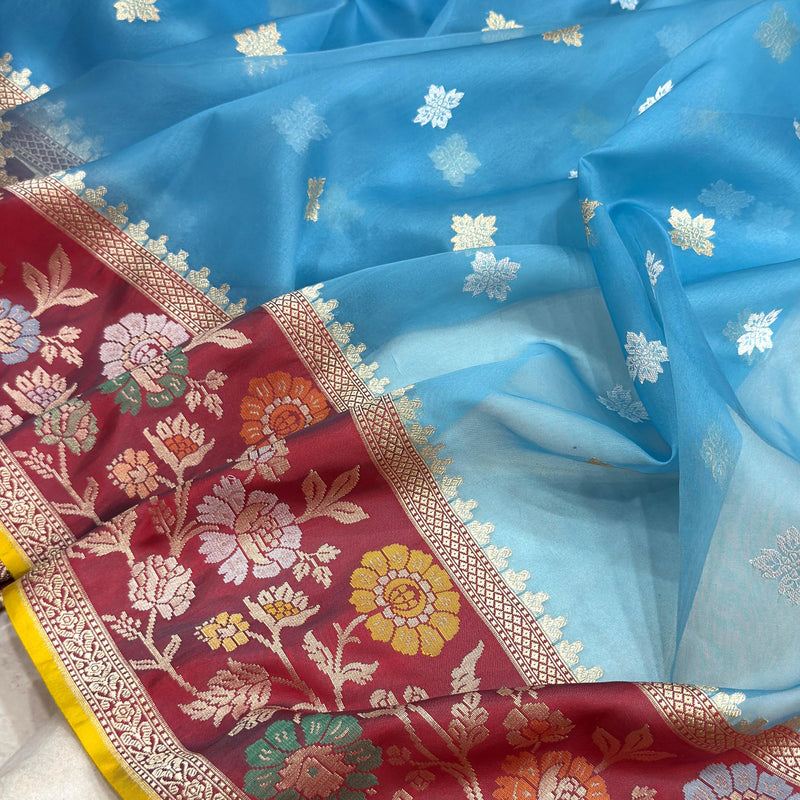 Sky Blue colour pure kora Handwoven Banarasi saree
