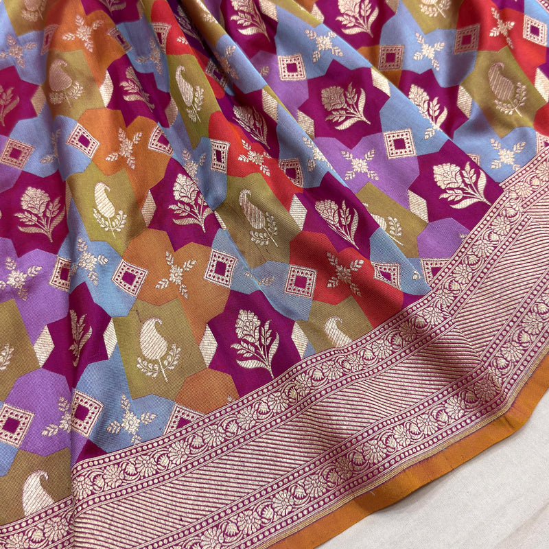 Multicolor Pure Katan Silk Handwoven Banarasi Saree