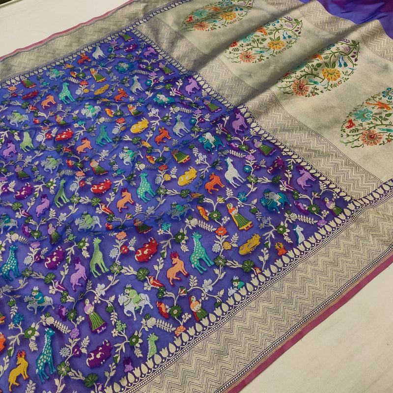 Royal blue Pure Kora Silk Handwoven Banarasi Saree