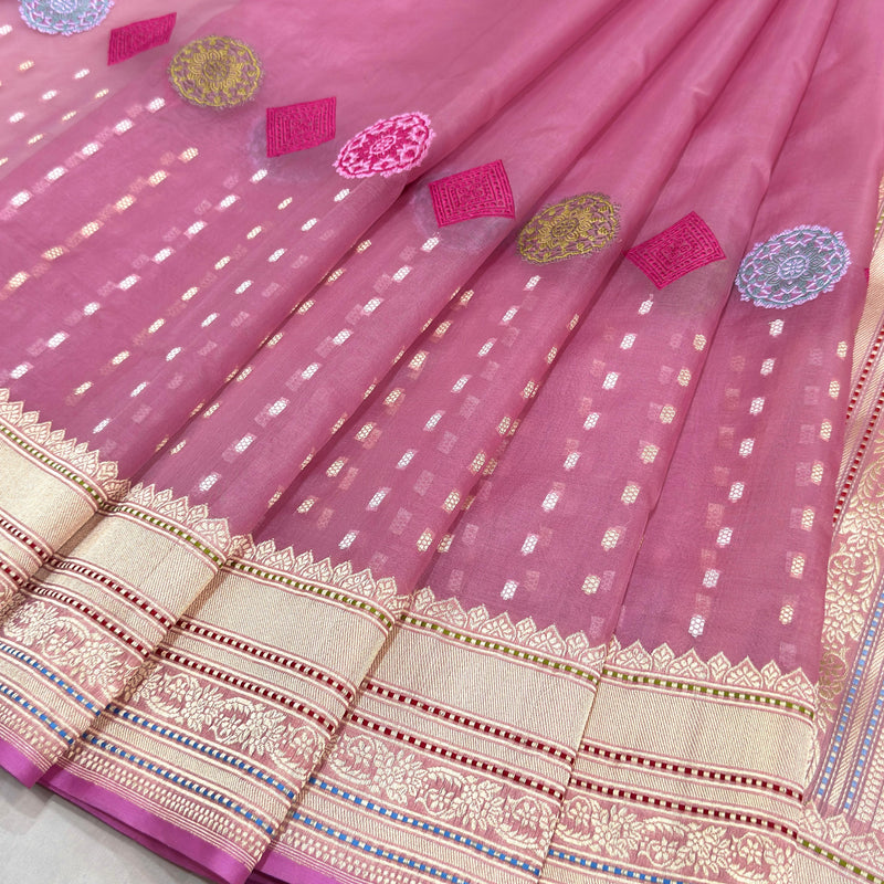 Pink colour pure kora Handwoven Banarasi saree