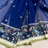 Peacock colour pure kora jamdani handwoven Banarasi saree