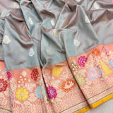 Grey colour pure katan silk Handwoven banarasi  saree