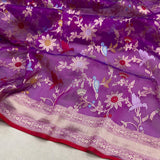 Purple colour pure Kora jamdani handwoven banarasi saree