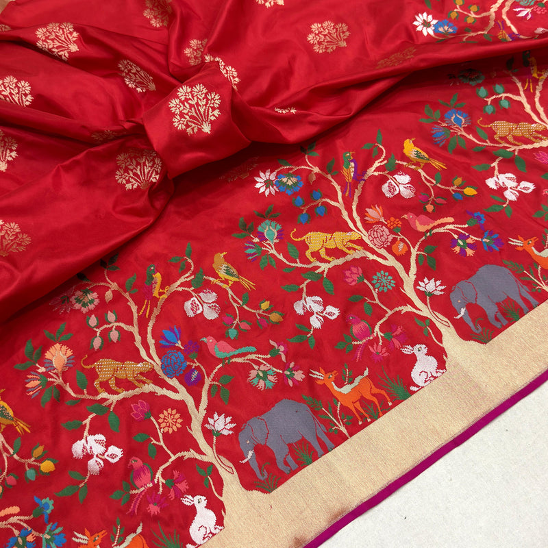 Red colour pure katan silk Handwoven banarasi paithani saree