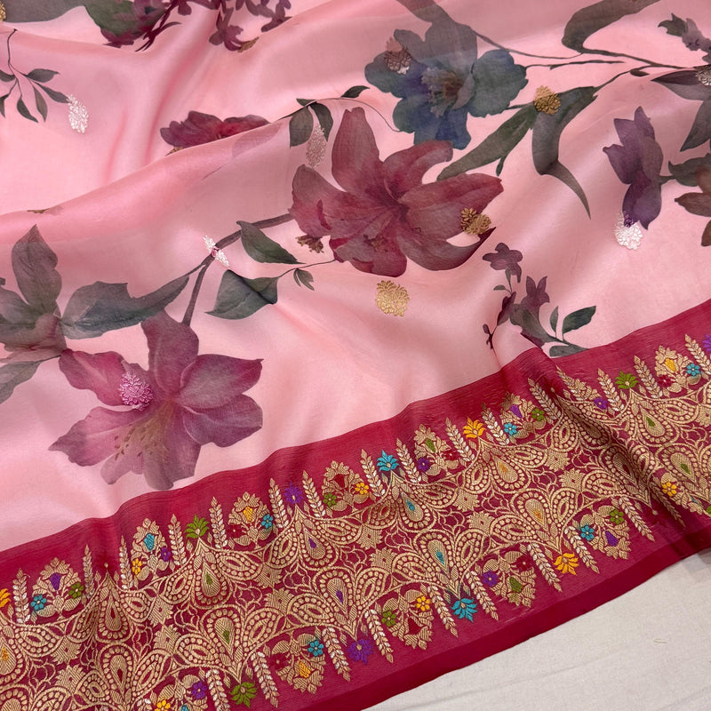 Multicolour Pure kora digital print handwoven banarasi saree