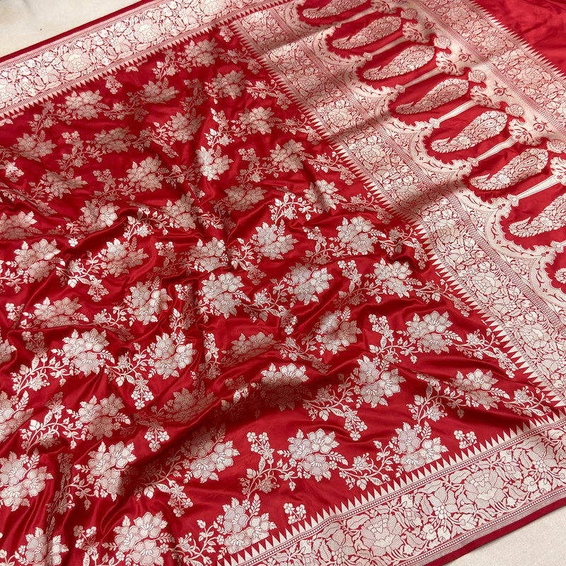 Red colour pure katan silk Handwoven banarasi saree