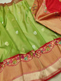 Parrot Green Color Pure Kora Silk Handwoven Banarasi Saree