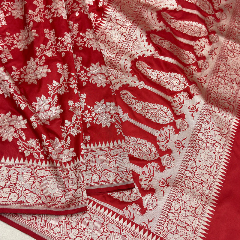 Red colour pure katan silk Handwoven banarasi saree