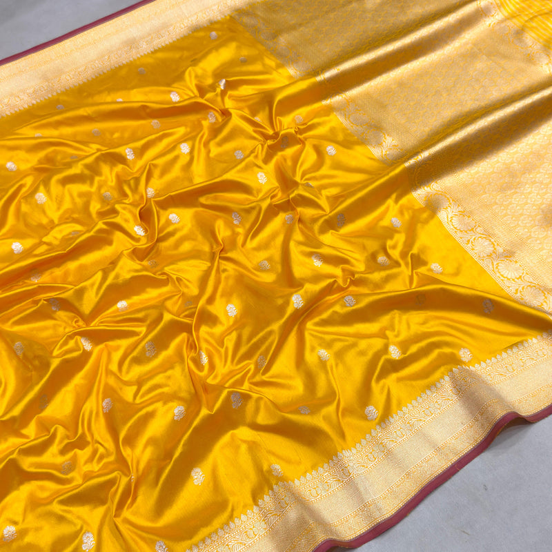 Yellow colour pure katan silk handwoven banarasi saree