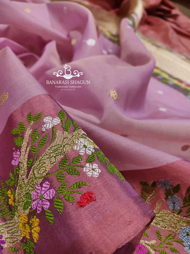 Lavender Colour Pure Kora Silk Handwoven Banarasi Saree