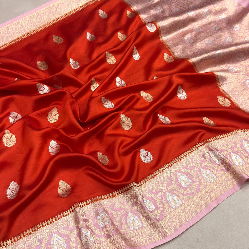 Red colour pure katan silk Handwoven banarasi saree