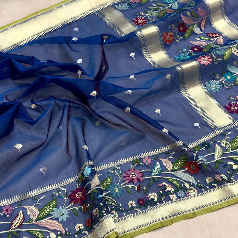 Peacock colour pure kora jamdani handwoven Banarasi saree