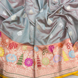 Grey colour pure katan silk Handwoven banarasi  saree