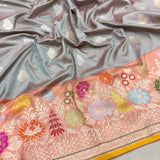Grey colour pure katan silk Handwoven banarasi  saree