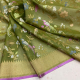 Mehandi green colour pure kora jamdani Handwoven banarasi saree