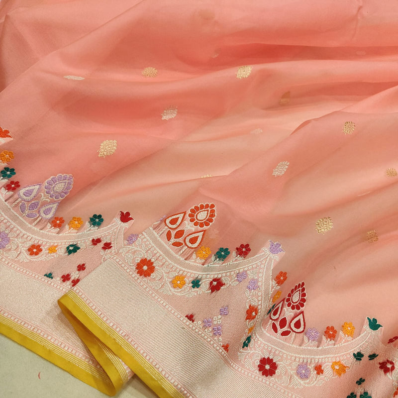 Peach colour Pure Kora Silk Handwoven Banarasi Saree