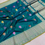 Peacock green colour pure katan silk Handwoven banarasi saree