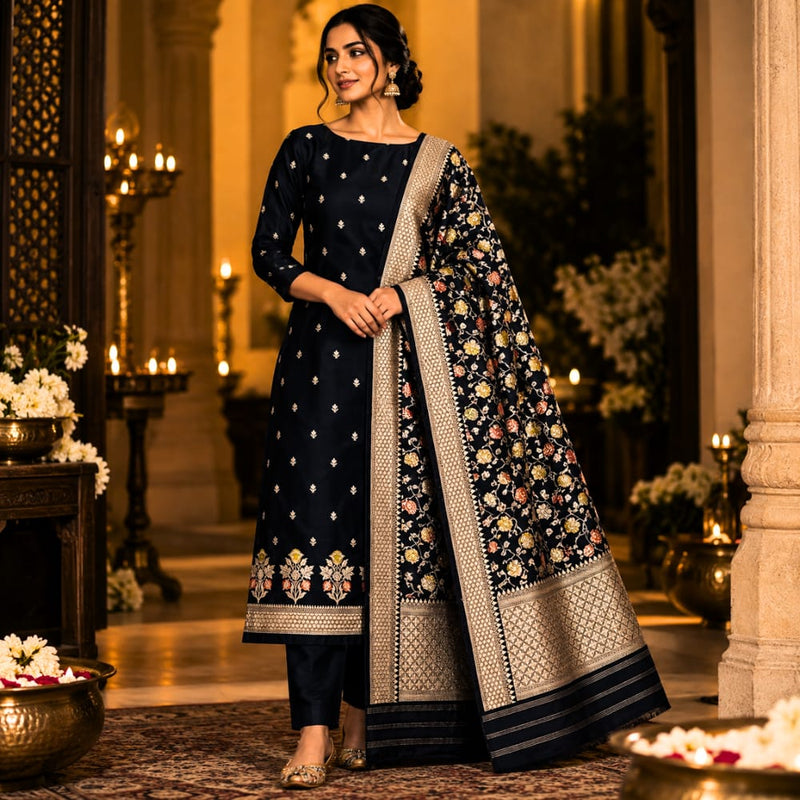 Black colour pure katan silk handwoven banarasi 3  piece suit