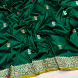 Dark green colour pure katan silk handwoven banarasi saree