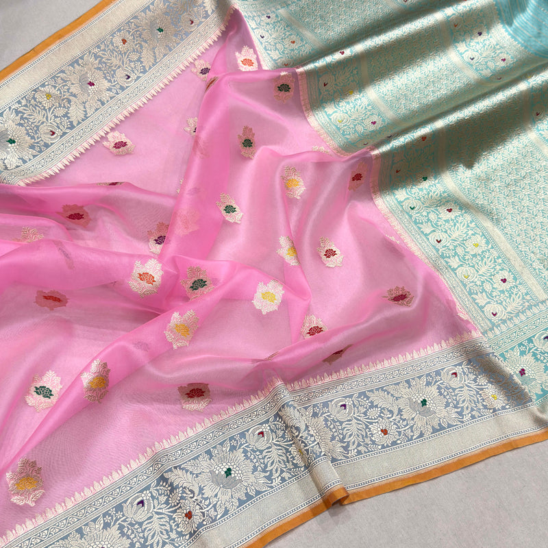 Baby pink colour pure kora Handwoven Banarasi saree