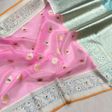 Baby pink colour pure kora Handwoven Banarasi saree