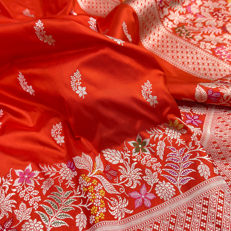 Orange colour pure katan silk Handwoven banarasi saree