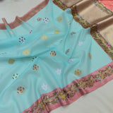 Sky Blue Colour Pure Kora Silk Handwoven Banarasi Saree