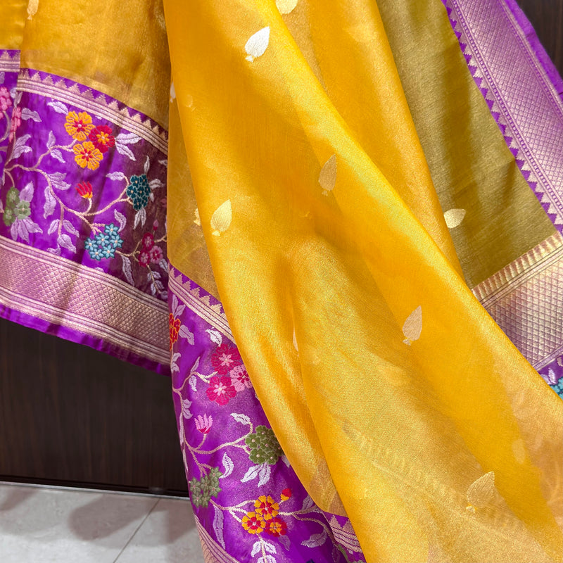 Yellow colour pure tissue handwoven banarasi saree