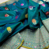 Peacock green colour pure katan silk Handwoven banarasi saree