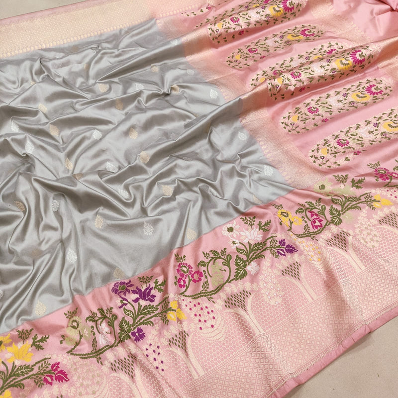 Gray Color Katan Silk Handwoven Banarasi Saree