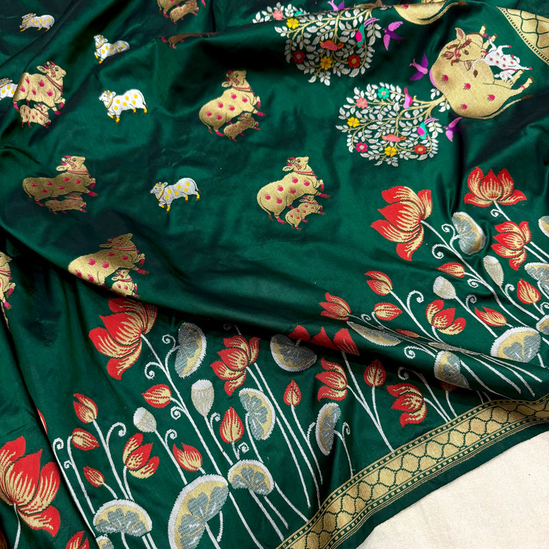 Dark green colour pure katan silk handwoven banarasi saree