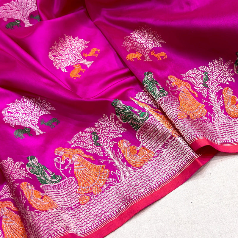 Rani pink colour pure katan silk handwoven banarasi saree