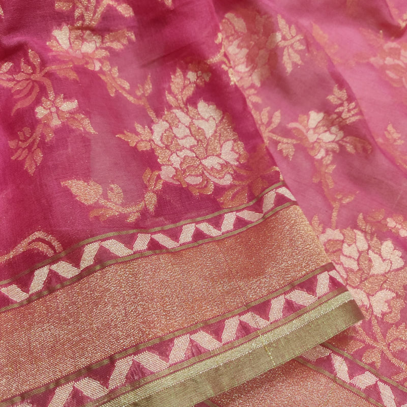 Pink colour pure cotton handwoven Banarasi saree