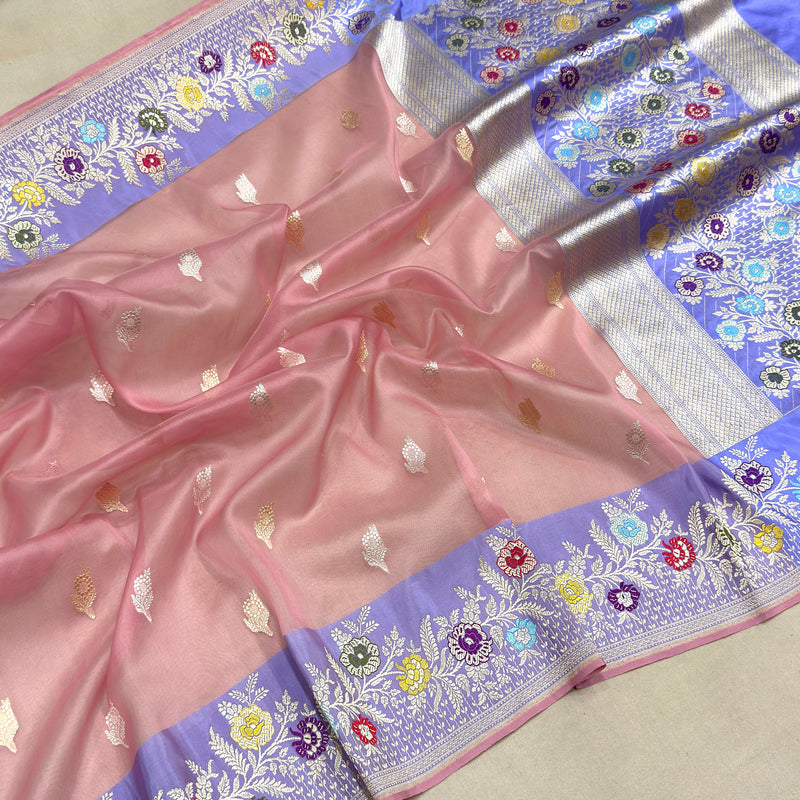Light pink colour pure Kora handwoven Banarasi saree