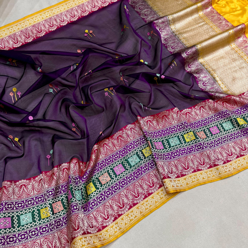Purple colour pure kora handwoven banarasi saree