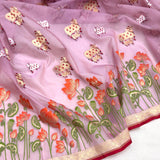 Pink colour pure kora Handwoven Banarasi saree