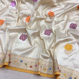 Off white colour pure katan silk handwoven banarasi saree