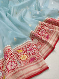 Sky blue colour Pure Kora  Handwoven Banarasi Saree