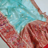 Sky Blue Color Pure Kora Silk Handwoven Banarasi Saree