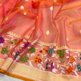 Orange color pure kora handwoven banarasi saree